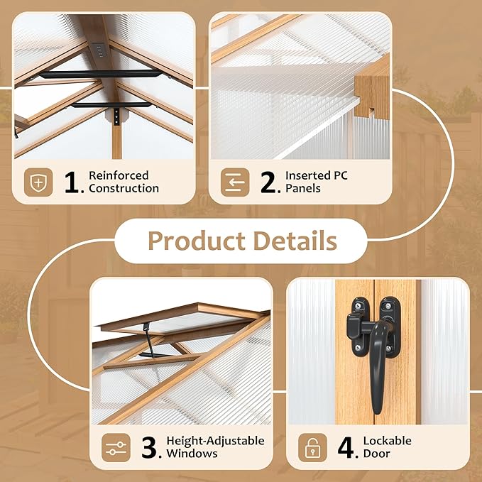 6x8 FT Greenhouse, 6MM Thick Polycarbonate Panel Wooden Walk-in Green House with Adjustable Roof Vents and Lockable Door,Garden Backyard, Patio, Lawn, Brown