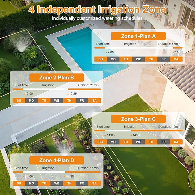 Smart WiFi Sprinkler Timer 4 Zone,WiFi Water Timer for Garden Hose with 984 FT Range,APP & Remote Control,Alexa & Google Voice Compatible,Rain Delay, Manual Mode Sprinkler System