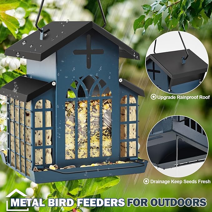 5LB Church Metal Hanging Bird Feeder for Outdoors, Weatherproof Suet Feeders for Outside Hanging, Large Bird Feeders Great for Attracting Finch, Woodpecker and More Wild Birds-White