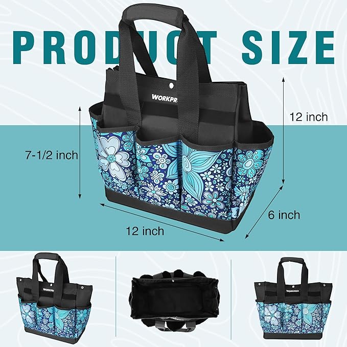 WORKPRO Garden Tool Bag, 9 Pockets Gardening Bag, Heavy Duty Oxford Garden Tote Caddy (Tools NOT Included), 12" x 12" x 6" (Floral Blue)