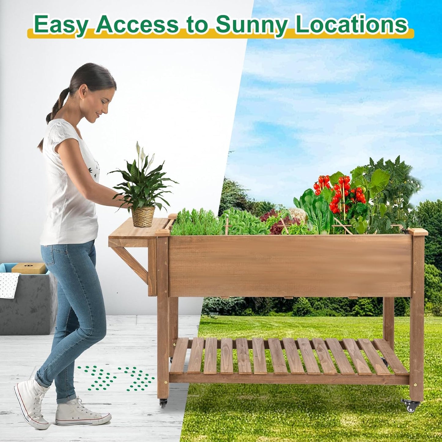 Raised Garden Bed with Wheels, Wood Elevated Garden Box with W-Connection Tabs,for Vegetable, Flower, Herb, Large Storage Shelf, Easy to Assemble, 55.5x24x32in