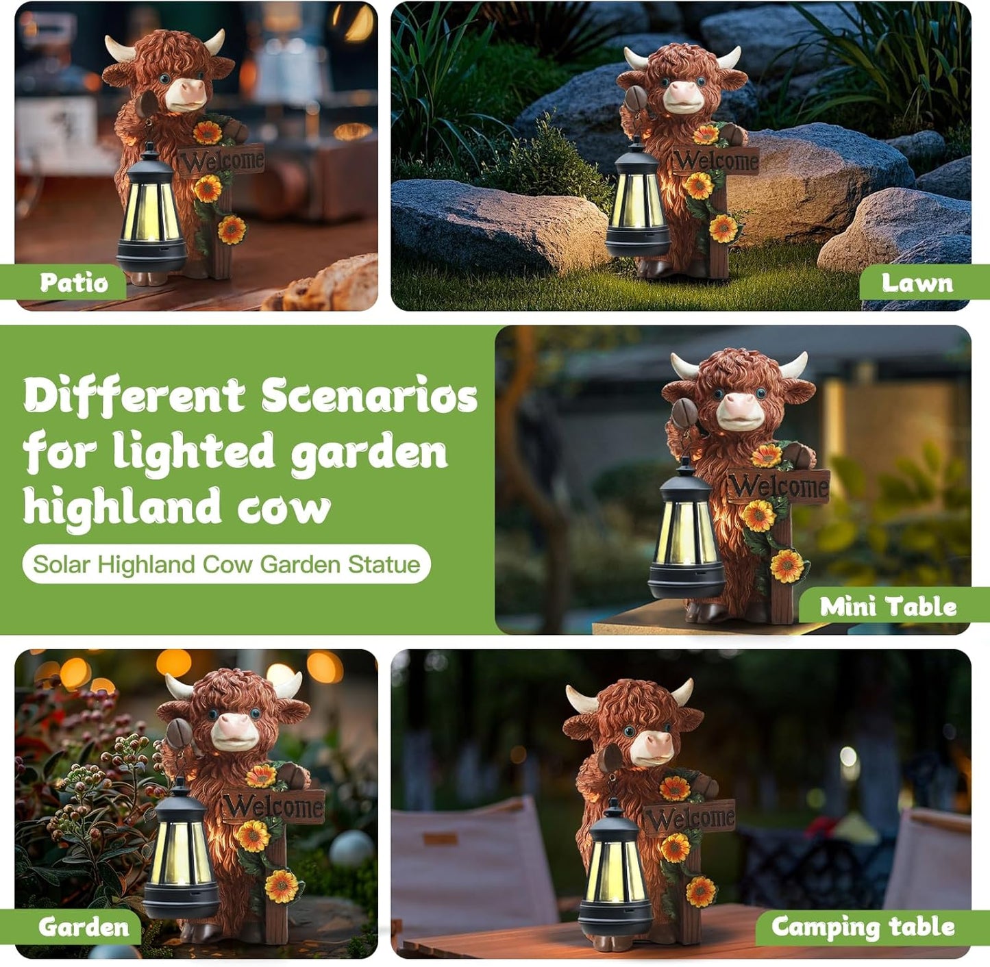 Solar Highland Cow Garden Decor - Outdoor Waterproof Resin Statues with LED Lights, Solar Patio Figurines for Yard & Lawn (1-Pack, Auto On/Off)