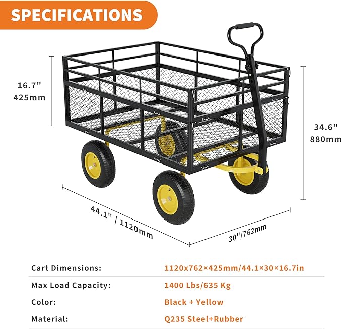 3-in-1 Heavy-Duty Steel Garden Cart, 1400 Lbs Garden Wagon, with 13 Inch All-Terrain Tires and Removable Mesh Side Panels, 180° Rotating Handle, Metal Utility Yard Trailer, Outdoor Gardens Wagon Cart