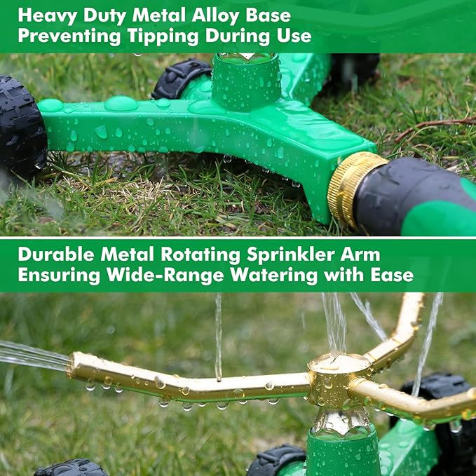 RESTMO 3-Arm Metal Sprinkler with Wheel Base, 360 Degree Automatic Rotary Lawn Sprinkler System for Garden Plant, Flower Bed and Yard Watering and Large Yard Area Watering