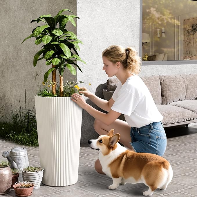 23.6" Tall Planters for Outdoor Plants,Large Outdoor Planters for Front Porch Decor with Drainage Hole, Flower Pots Fits Indoor Plants Patio/Garden, Plastic Striped White (2 Pack)