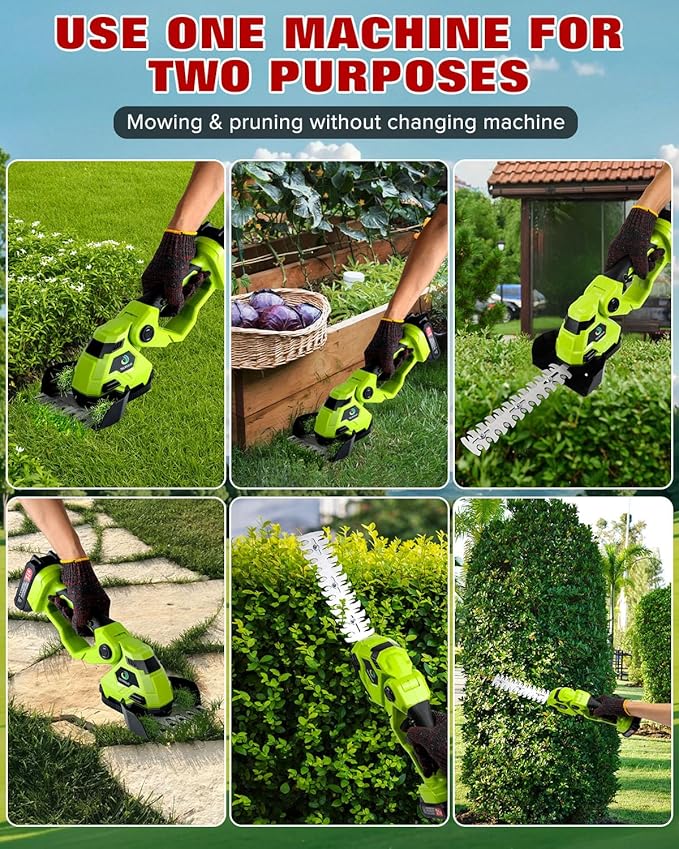 Cordless Hedge Trimmer,2-in-1 Hedge Trimmer,Cordless Grass Shear & Shrubbery Trimmer with Dual-Action Blade Cutting Capacity,Hedge Shear with 2 PCS Rechargeable Battery and Charger for Garden,Lawn