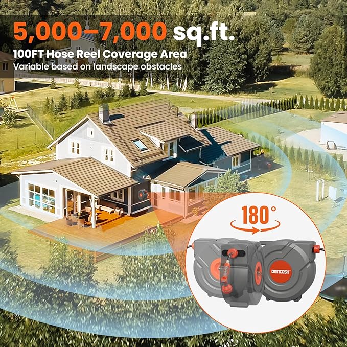 3rd Generation Retractable Garden Hose 100 ft x 1/2 inch Heavy Duty Wall-Mounted Hose Reel 180° Swivel Automatic Slow Return Any Length Lock 9 Pattern Nozzle UV Resistant (Black)