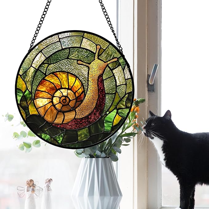 Stained Glass Window Hanging, Green Orange Snail Sun Catcher for Door Home Decor Suncatcher Christmas Mother's Day Birthday Gifts for Women Men Mom and Nana 6.3 in