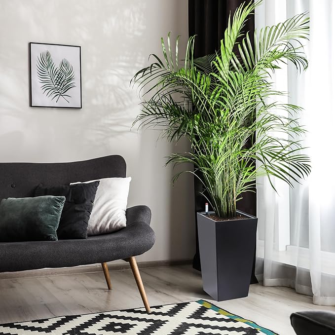 GarveeLife 16 in Tall Planters Set of 2, Outdoor&Indoor Black Planter Pots, High Front Porch Planter Pots with Drainage Holes&Water Level Monitor&Inner Bucket, Automatic Watering,Black