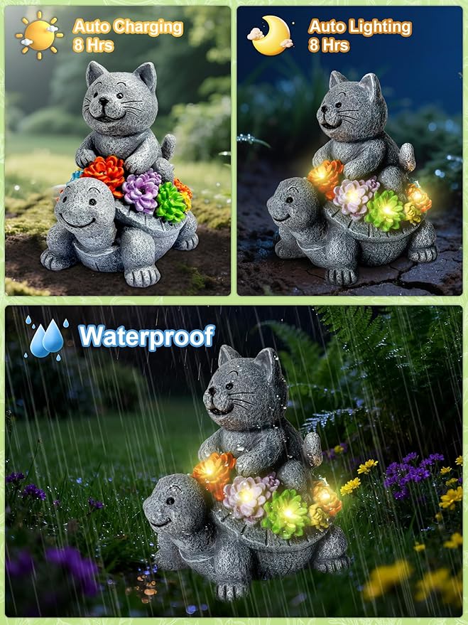 Solar Garden Outdoor Statues Decor, with Cat Turtle Succulent Garden Decor for Home House, Yard Art Lawn, Ornaments, Porch Patio, Balcony - Birthday Gifts for Grandma Mom Women