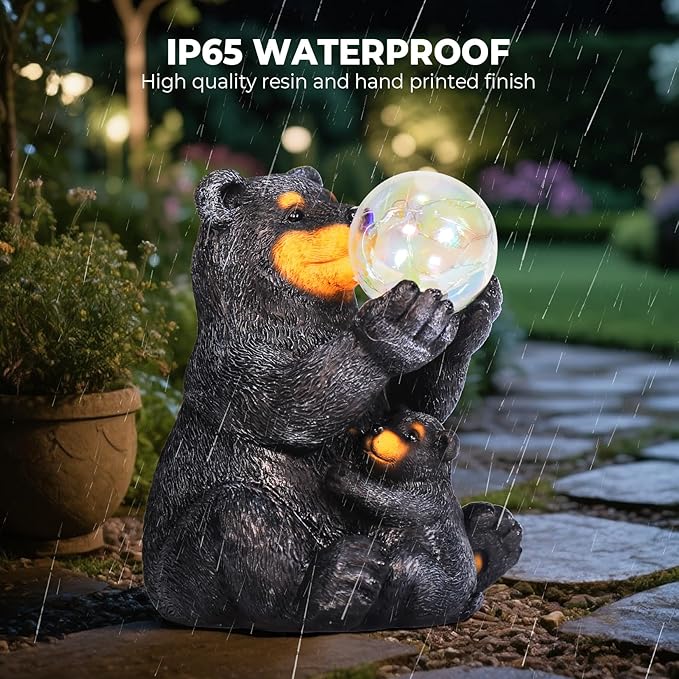 Solar Garden Statues Loving Bear Figurine with Ballon Lights for Outside, Yard Decorations Outdoor, Garden Decor Unique Birthday Housewarming Gifts for Mom, Women