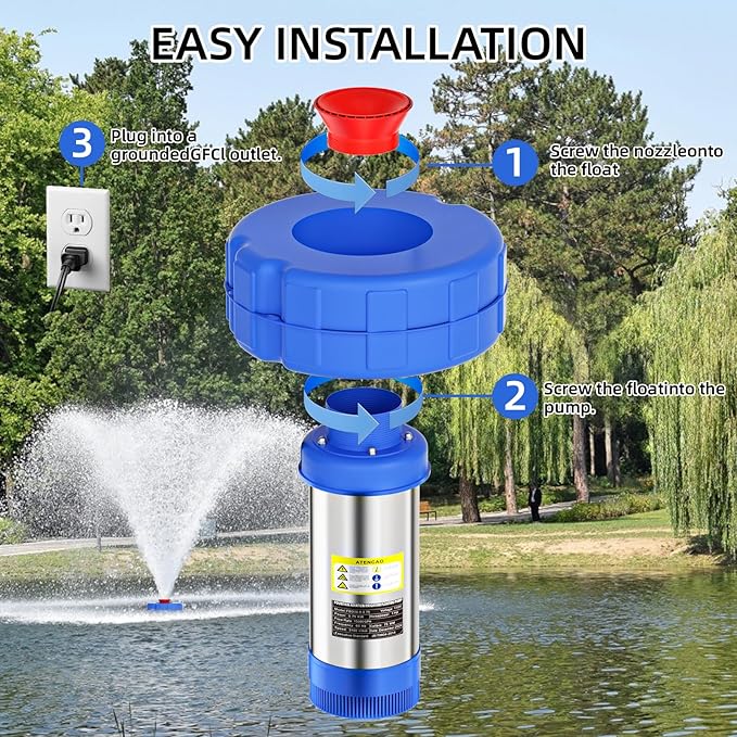 15000 GPH Pond Fountain Aerator - Fully Automatic 110V, 750W (1HP) Floating Fountain and Pond Aerator for Large and Small Outdoor Ponds and Lakes - Pond Fountain with 100 Feet Power Cord.
