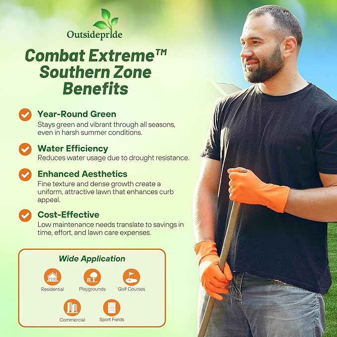 Outsidepride Combat Extreme Southern Zone Grass Seeds for Lawn - 10 lbs. SPF 30 Heat & Drought Tolerant Mix of Turf Type Fescue & Hybrid Bluegrass Seed with OptiGrowth Coating Enhanced Germination