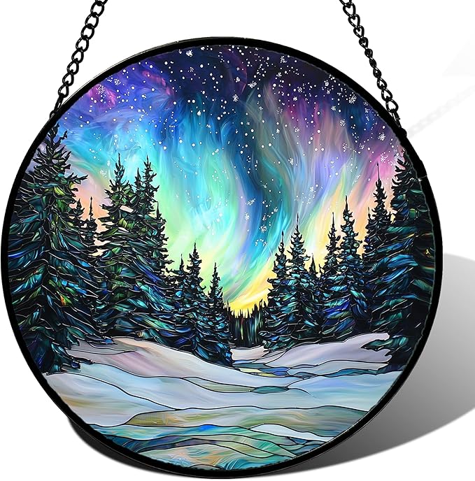 Stained Glass Window Hanging, Aurora Landscape Sun Catchers Glass Panel Green Trees Suncatcher Decor for Birthday for Women, Men, Wife, Aunt, and Mom 14.9x14.9 in