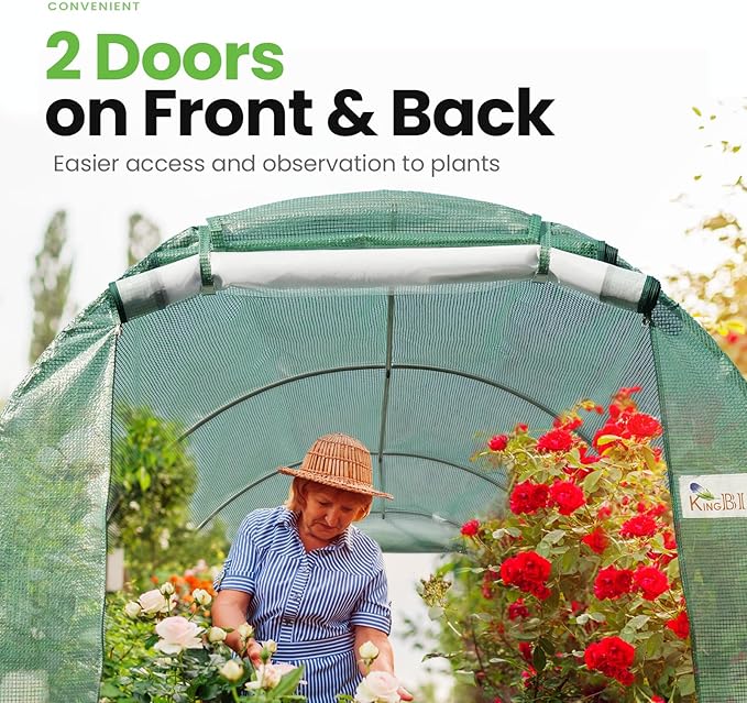 KING BIRD Premium 10x6.6x6.6FT Greenhouse for Outdoors, Large Walk-in Heavy Duty Galvanized Steel Frame, Mesh Door Screen Window Upgraded Zipper Tunnel Hoop for Garden Plant Winter, Green