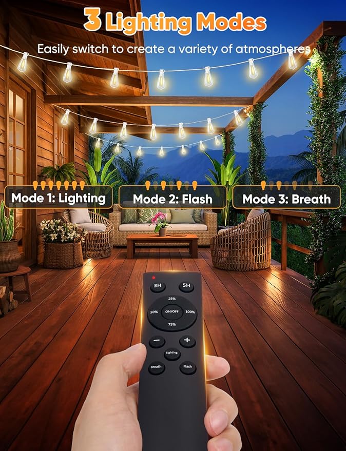 Brightever 120FT LED Outdoor String Lights with Remote, Patio Lights Outdoor Waterproof with 38 Shatterproof Edison Bulbs, Dimmable Outside Hanging Light for Birthday, Party, Christmas Decor, White