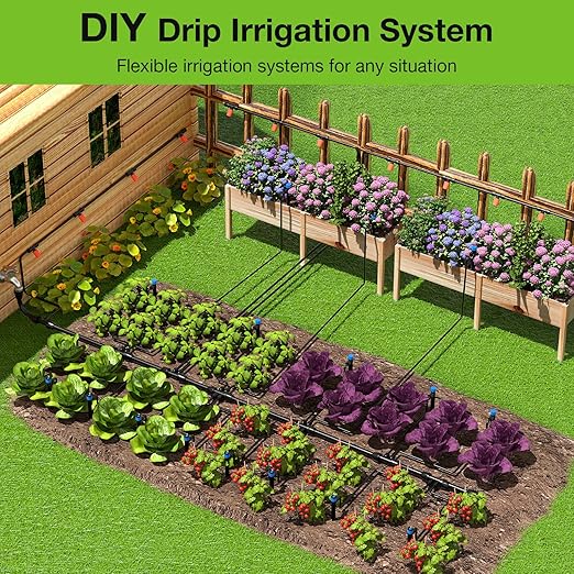 MIXC Greenhouse Micro Drip Irrigation Kit Automatic Irrigation System Patio Misting Plant Watering System with 1/4 inch 1/2 inch Irrigation Tubing Hose Adjustable Nozzle Emitters Barbed Fittings