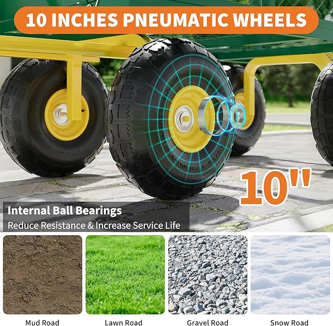 900 Lbs Garden Wagon, 2-in-1 Heavy-Duty Steel Garden Cart, with 10 Inch All-Terrain Tires and Removable Mesh Side Panels, 180° Rotating Handle, Metal Utility Yard Trailer, Outdoor Gardens Wagon Cart