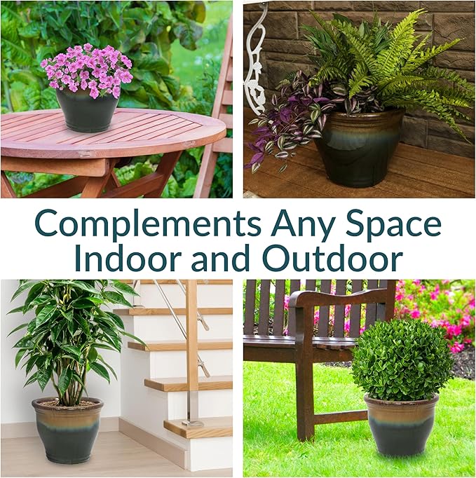 Sunnydaze Large Ceramic Plant Pot - Round Outdoor Glazed Ceramic Planter Pot with Drainage - Studio - Forest Lake Green - 14.5"