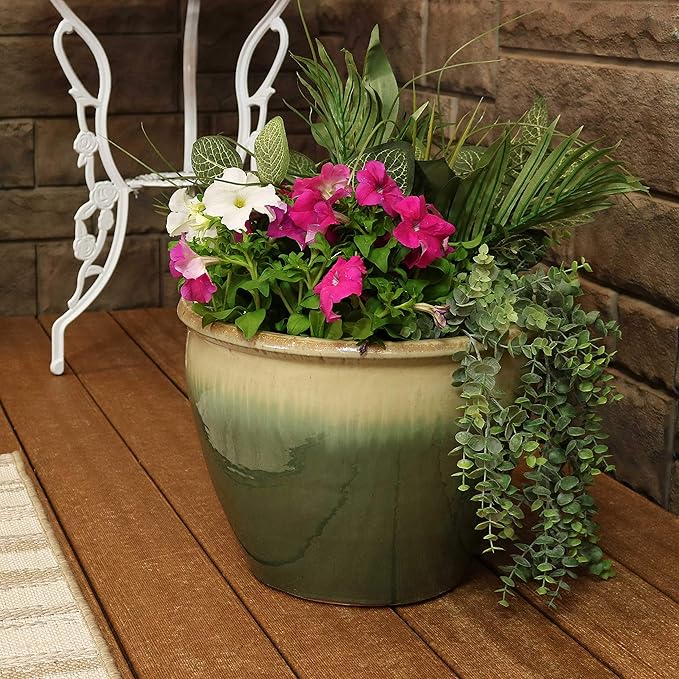 Sunnydaze Large Ceramic Plant Pot - Round Outdoor Glazed Ceramic Planter Pot with Drainage - Chalet - Seafoam - 14.5"