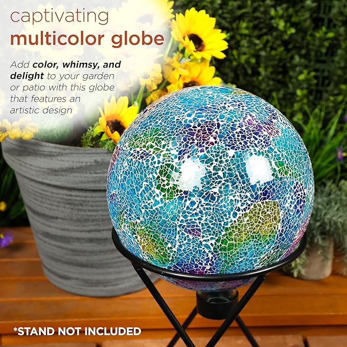 Alpine Corporation - Shades of Blue Crackle Glass Gazing Ball, Colorful Garden Décor for Patio & Yard, 12" Tall (Multicolor)