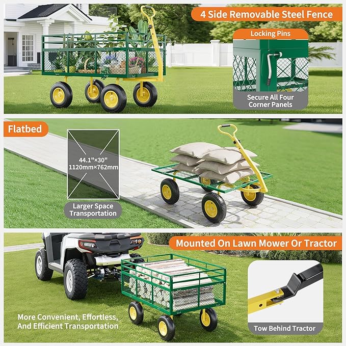 Metal Wagon - 1400lbs Garden Cart with 10" Multi-Terrain Tires, 4 Removable Mesh Sides & 180° Swivel Handle, Yard Wagon Cart for Lawn, Yard, Patio Gardening