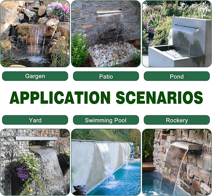 LONGRUN Pool Fountain Stainless Steel Outdoor Pond Spillway Waterfall with Wider Water Flow Platform Multi-Color LED Light Spray Indoor Waterfall Fountains for Garden-11.8"