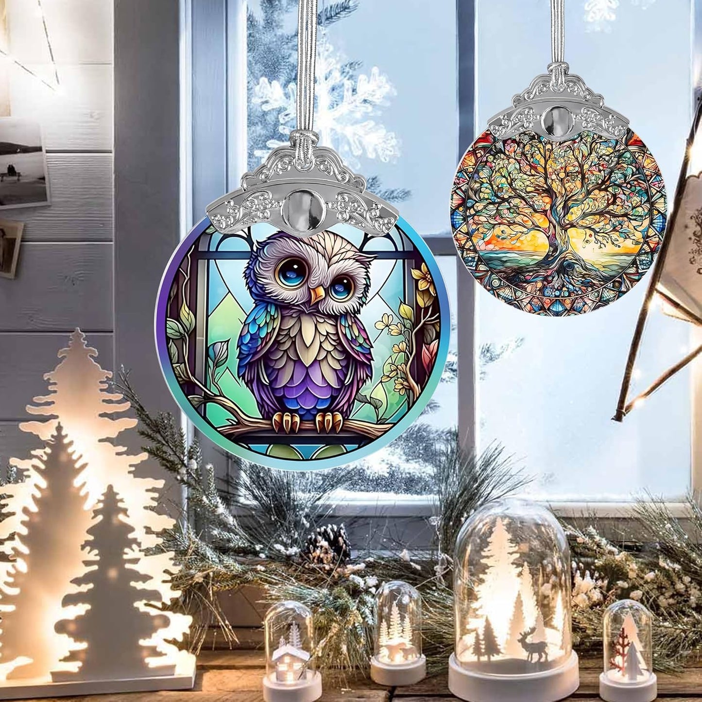 Owl Stained Glass Suncatcher and Christmas Ornament - Holidays Decor for Owl Lovers