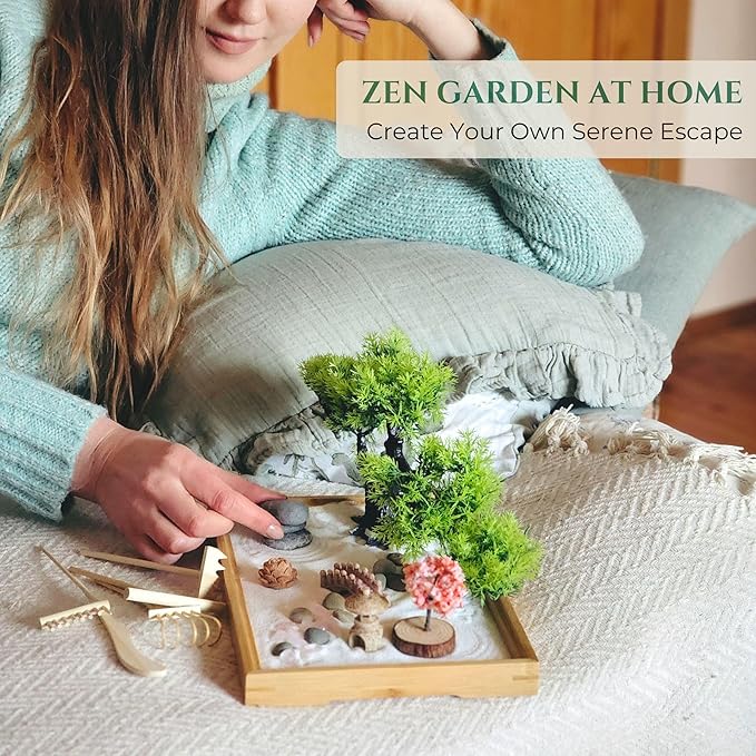Zen Garden for Desk โ Mini Japanese Rock Garden with Crystals, Bonsai Tree & Sand Tools,11x7.5in Stress Relief Desk Decor, Meditation & Relaxation Gift Set (Natural Bamboo)