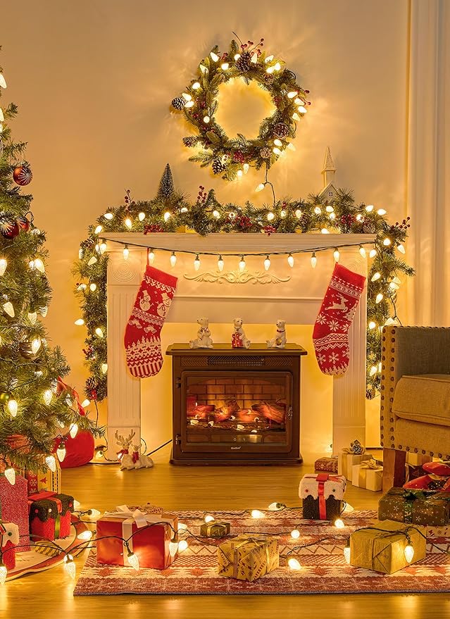 Brightown C9 Christmas Lights Outdoor, 114FT 150 LED Warm White String Lights with Timer, 8 Modes, Plug-in UL Listed Waterproof Connectable Christmas Tree Lights for House, Roof, Garden, Patio Decor