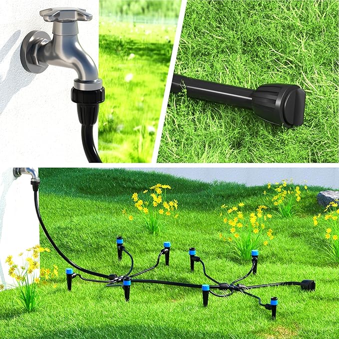 Bonviee Drip Irrigation Parts for 5/16" Main Line - (6-Pack) - 3 x PVC Female Hose Thread Non-Swivel Adapter and 3 x Barbed Threaded End Plugs - Drip Irrigation Fittings