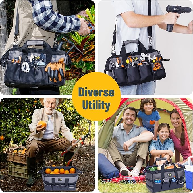 Garden Tool Bag Organizer โ 13 Pocket Heavy-Duty Gardening Tote with 7 Outer & 6 Inner Compartments, Anti-Slip Base, Adjustable Shoulder Strap & Belt โ Garden Organizers and Storage (Grey)