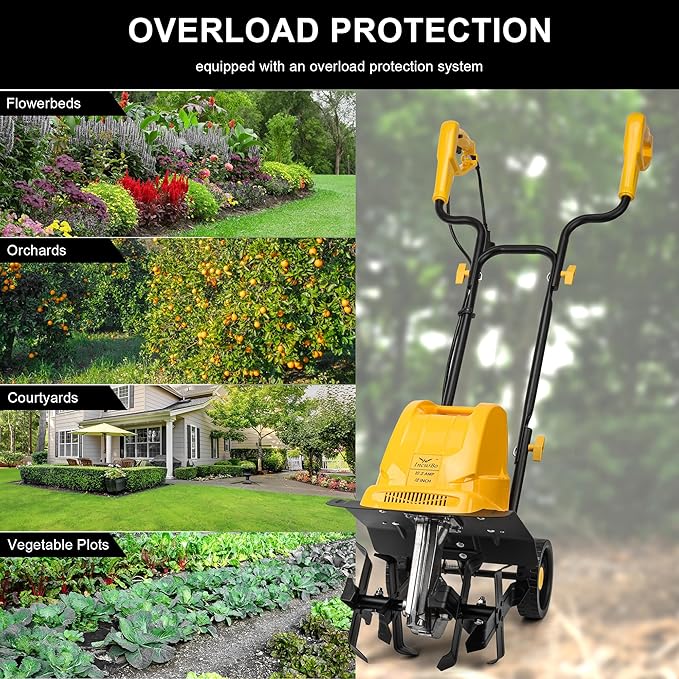 Garden Rototiller 12-Inch 10.5-Amp Corded Electric Tiller/Cultivator, Adjustable Wheels, 8-Inch Tilling Depth, Powerful and Lightweight Tiller