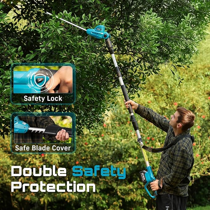 SEESII Pole Hedge Trimmer Cordless: Electric Bush Trimmer Tool for Yard - 16" Dual-Action Blade, Detachable Telescoping Pole, Dual 4.0Ah Battery, Powerful Branches Cutter for Tree & Shrubs Pruning