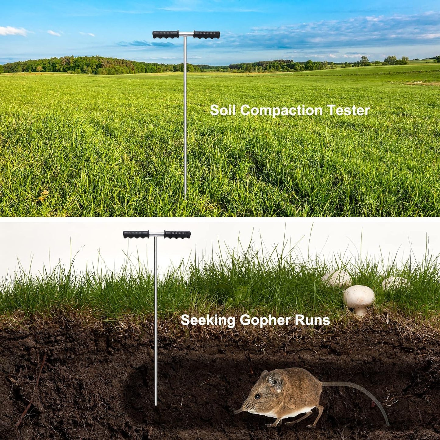 Soil Probe Rod,32"-48" Septic Tank Probe Rod,Beseetop Pipe Probe Made of Stainless Steel with Insulated T Handle Heavy Duty Perfect for Locating Septic Tank Underground Pipe Gravel Gopher Runs