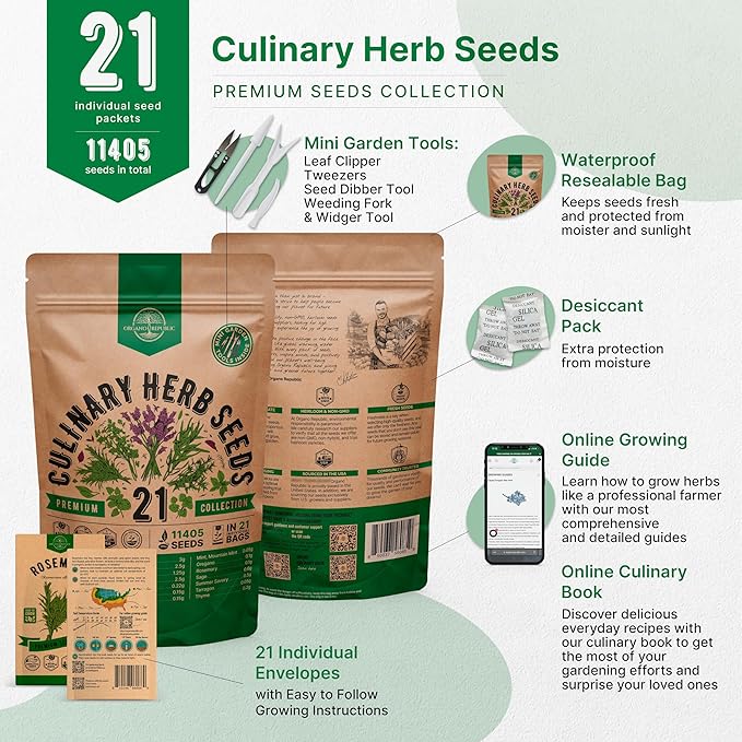 21 Culinary Herb Seeds Variety Pack - Heirloom, Non-GMO, Herb Seeds for Planting Outdoor and Indoor - Home Gardening. Over 11,400+ Seeds Including Rosemary, Thyme, Oregano, Mint, Basil, Parsley & More