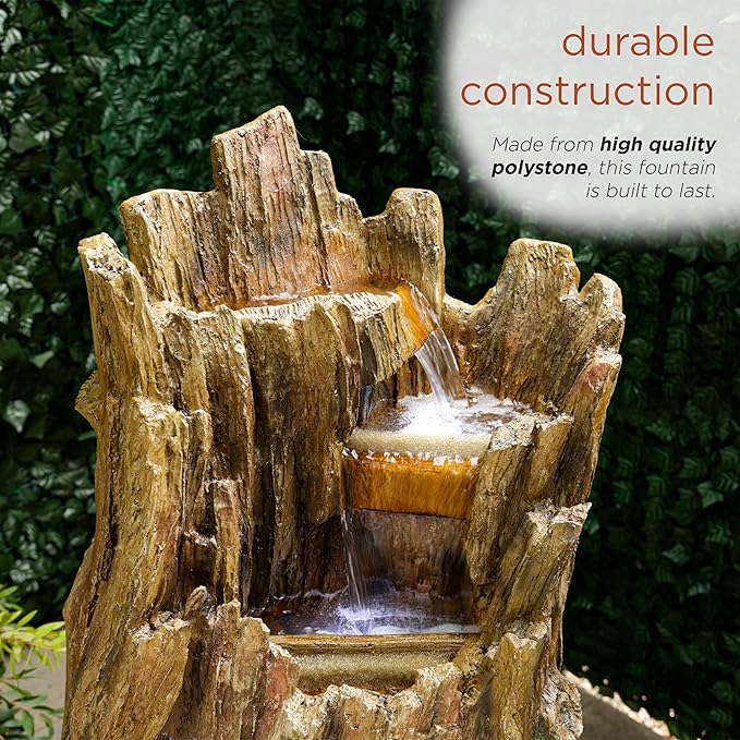 Alpine Corporation TZL338 Outdoor 3 Tier Waterfall Tree Trunk Floor Fountain with LED Lights for Patio, and Lawn Decor, 59 Inches Tall