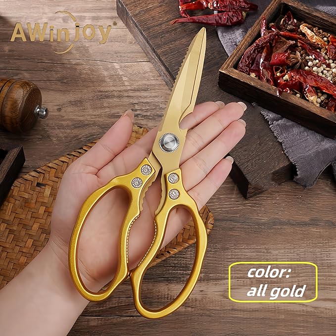 Japanese Gold Kitchen Scissors, Heavy Duty Stainless Steel, Multipurpose Cooking Shears, Dishwasher Safe