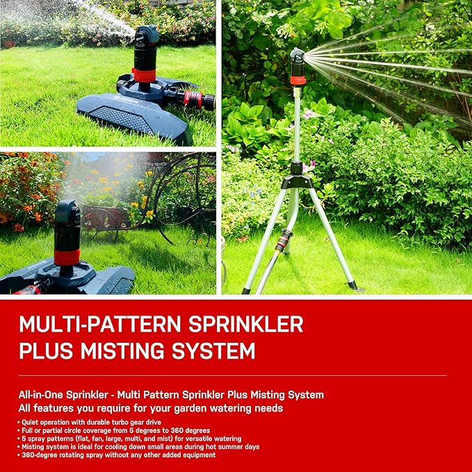 Eden 16030 5 Pattern Turbo Gear Drive Rotary Sprinkler Head Plus One-Direction Misting System for Lawn and Garden, 360 Degree Coverage