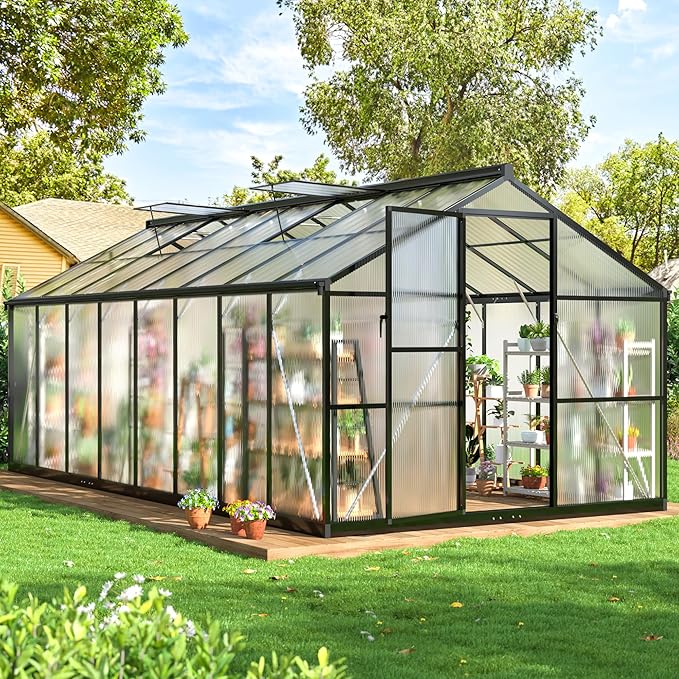 WKM 8x16 FT Greenhouse for Outdoors, Polycarbonate Greenhouse with Roof Vent and Quick Setup Structure, Aluminum Frame, Black