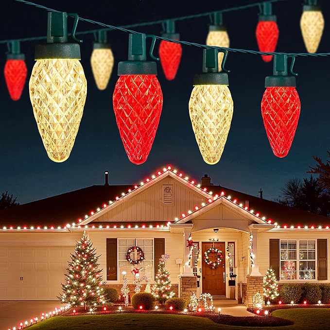 Brightown C9 Christmas Lights Outdoor, 114FT 150 LED Red and Warm White String Lights with Timer, 8 Modes, UL Listed Waterproof Connectable Christmas Tree Lights for House, Roof, Garden, Patio Decor