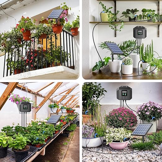 Biling 3W Solar Drip Irrigation System, Digital Programmable Smart Watering Kit with 2200mAh Battery for 15 Potted Plants Indoor/Outdoor Use