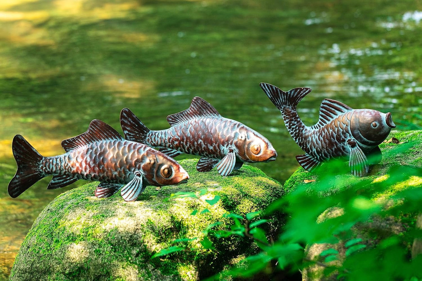Set of 3 Outdoor Garden Koi Fish Sculptures & Statues Antique Copper Fish Yard Décor, Metal Koi Figurine Ornaments for Outdoors,Patio Decor,Backyard and Home Kitchen Decorations