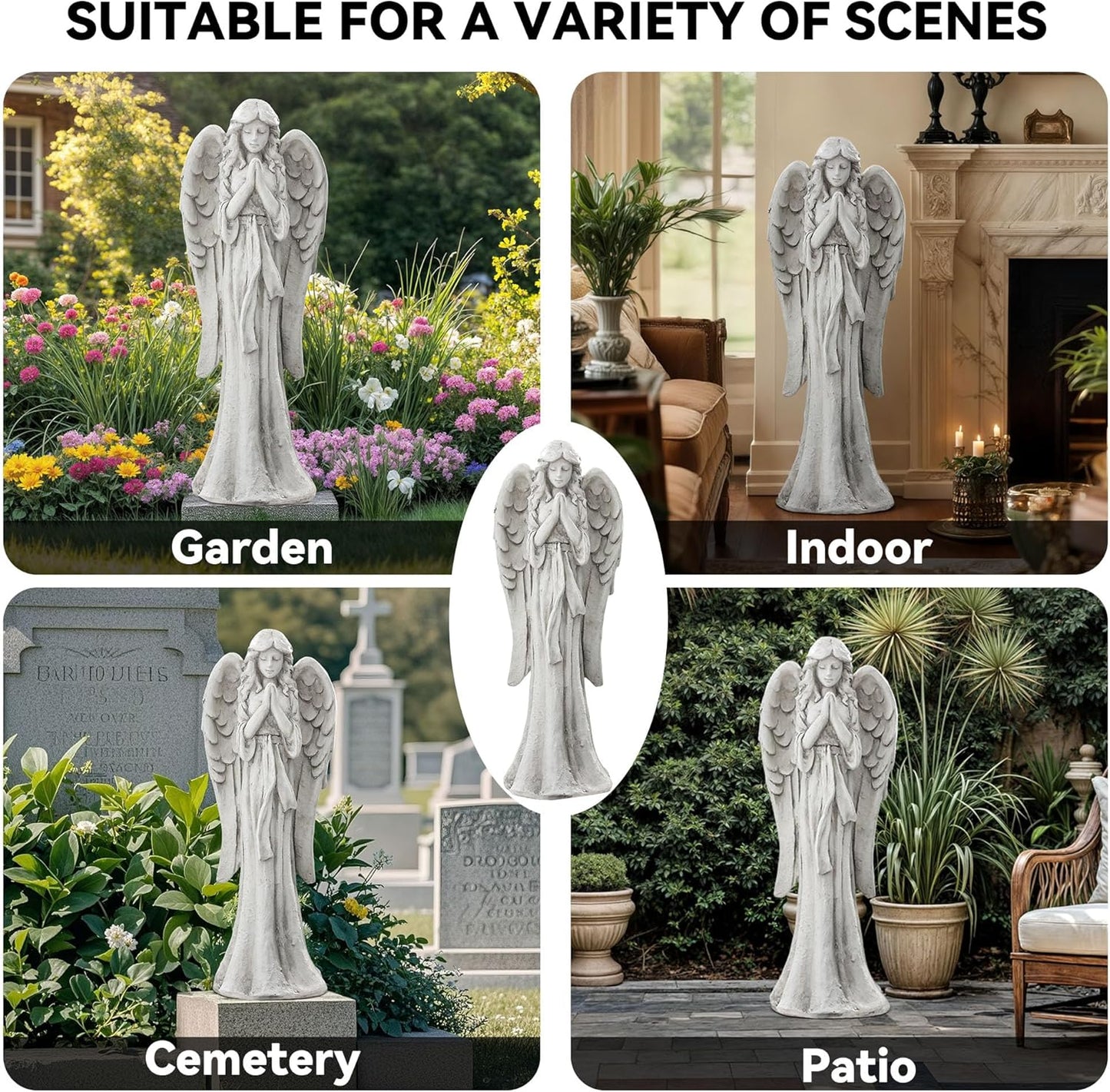 Praying Angel Statue for Outdoor Garden, 31 Inch Large Heavenly Memorial Sculpture,Durable Magnesium Oxide Stone for Yard, Patio or Cemetery Decor,Offering Comfort & Peace, Antique White