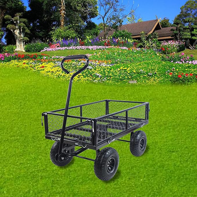 Wagon With Removable Sides for Farms, Warehouses - Garden Dump Cart With Air Wheels (Black) - Essential for Your Dream Garden