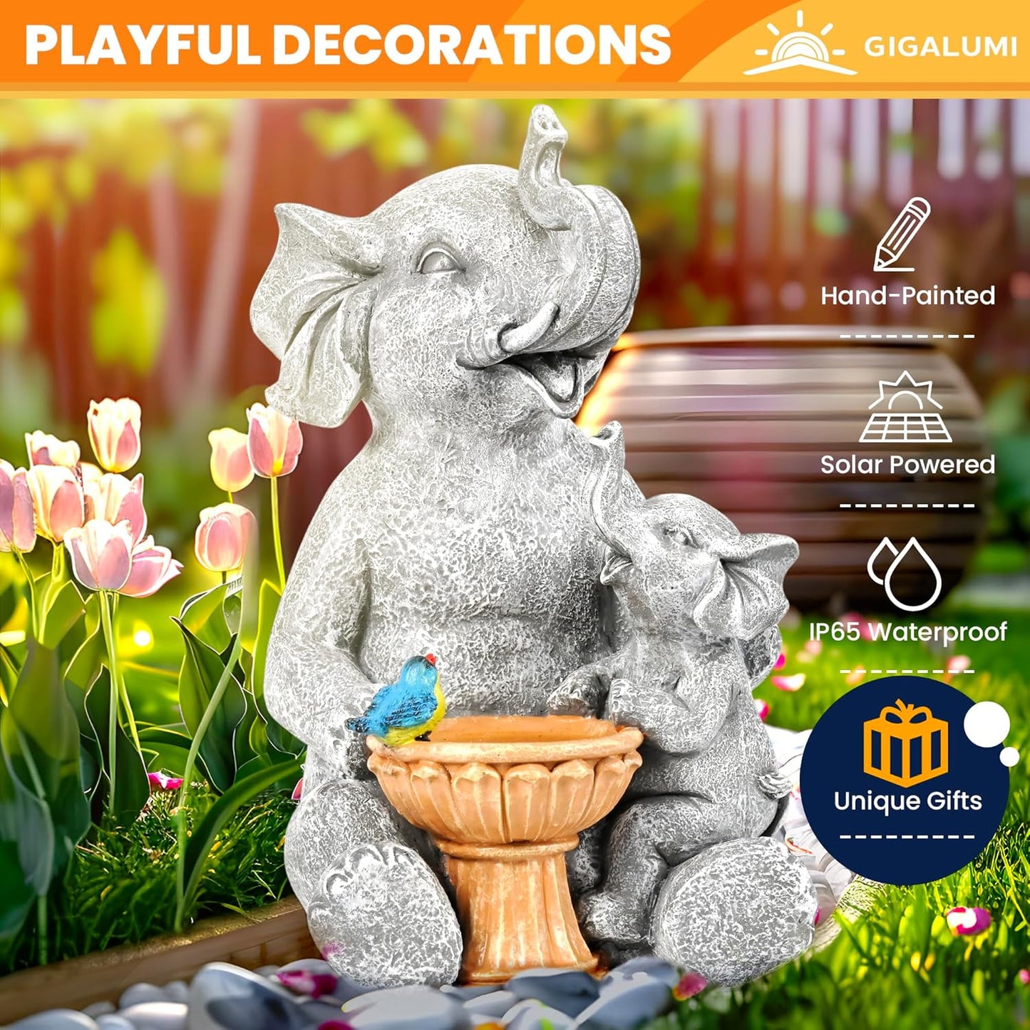 GIGALUMI Solar Garden Decor Bird Bath Elephant Statues Outdoor, Birthday Gifts for Women, Gifts for Mom Grandma Senior Elder, Elephant Ornament for Balcony, Garden, Patio, Yard, Lawn