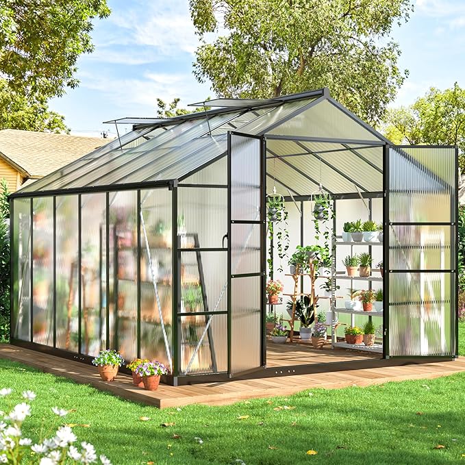 WKM 10x12 FT Greenhouse, Enhanced Aluminum Frame Greenhouses for Outdoors Withstands Strong Wind or Snow, Green House with Swing Door, Green Houses for Outside Garden Backyard, Black
