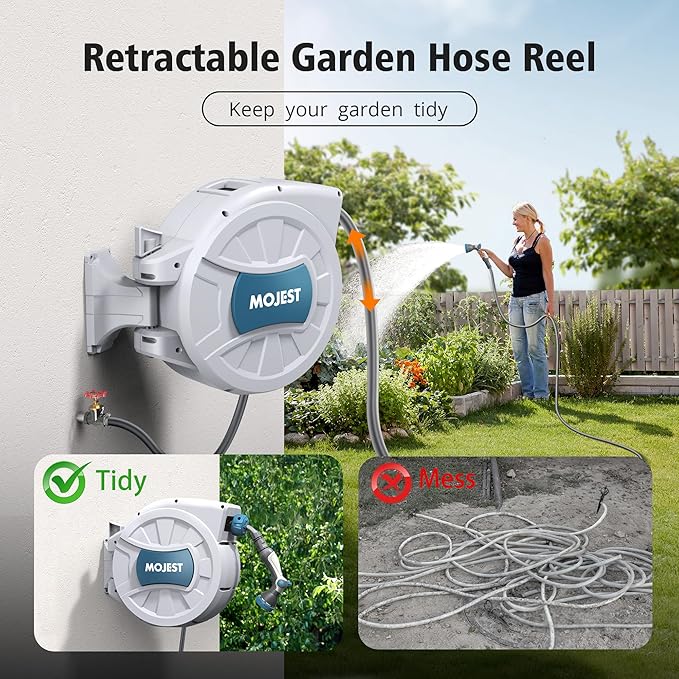 Retractable Garden Hose Reel - 1/2 in x 100 ft Wall Mounted Heavy Duty Water Hose Reel with Automatic Slow Rewind System, 180°Swivel Bracket, 2 Hose Nozzle, Light Gray
