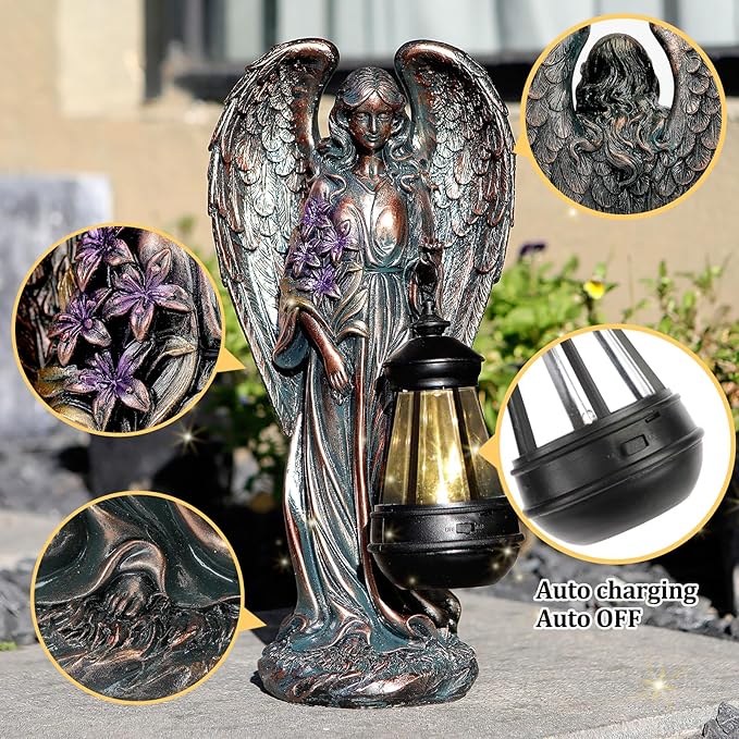 Solar Angel Outdoor Garden Decor Statues – 13.2 inches Solar Outdoor Sculptures for Outside Yard Art Patio Balcony Front Lawn Ornaments Gifts for Mom Grandma Women(Bronze)
