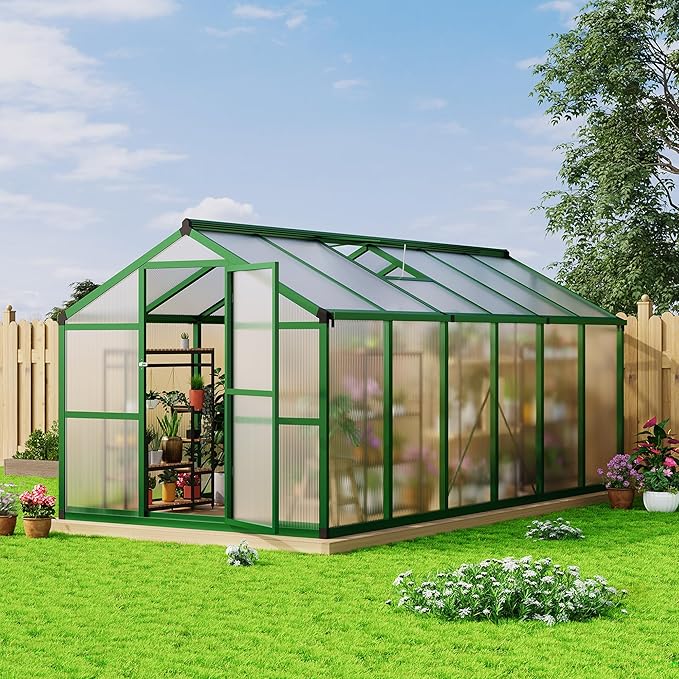 8x12 FT Polycarbonate Greenhouse with Roof Vent - Large Aluminum Walk-in Greenhouse Kit for Gardening, Backyard, Patio, Lawn - Easy Assembly